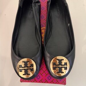 Tory Burch Black Flats with Gold Logo
